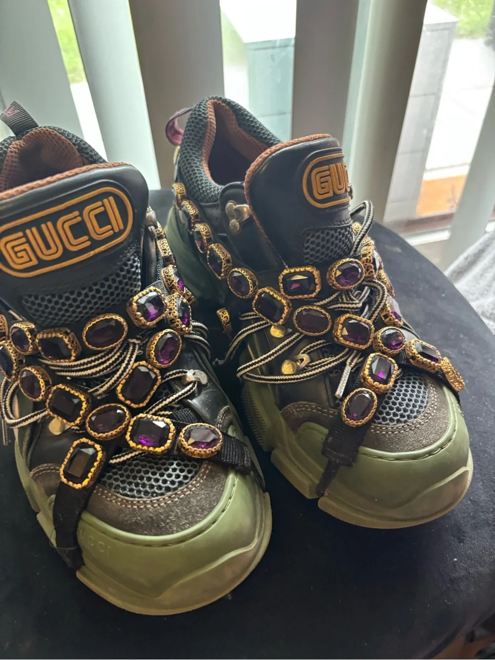 GUCCI men Green and Purple Embellished with crystal Sneaker